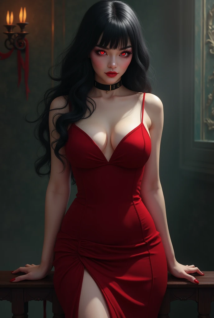 facial portrait, epic good looking succubus wearing a (white lace: 1.2) dress (intense details, Masterpiece, best details: 1.6), (wearing elegant stylish red rimmed glasses:1.1) (intricate details, Masterpiece, best details: 1.6), ultra detailed face (intense details, Masterpiece, best details: 1.5),standing in the door entrance, holding a red and gold ring (intense details, Masterpiece, best details: 1.6), black hair, long hair, red eyes, glowing eyes, small horns, red high heels, dim light, high details, best quality, 8k, [ultra detailed], masterpiece, best quality, (extremely detailed), ultra wide shot, photorealistic, gothic art, sense of darkness, sense of seduction, fiery magic symbols (intense details, Masterpiece, best details: 1.6),in the background, Dark Art Painting Style, dark, black and color