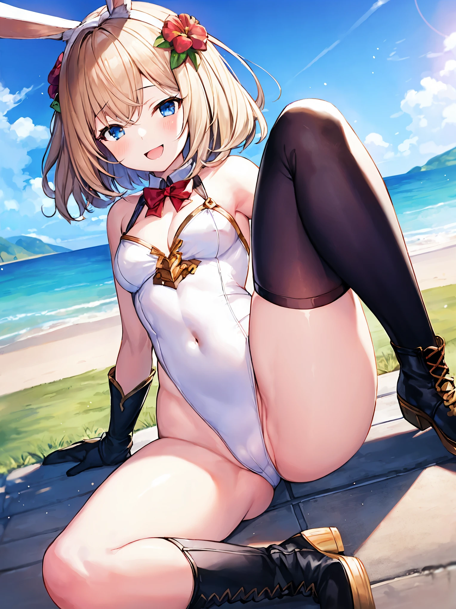 GRANBLUEfantasy,ung_teeirl,brown_hair,medium_bob_hair,platina_blond_hair,white_leotard,covered_crotch,thigh-highs,smile,standing,bluesky_landscape_background,slightly_spread_legs,happiness, short_gloves ,solo, r18, navel,relicbuster,short,boots,open_mouth,sitting,knees,blush,shy,bunny_ears