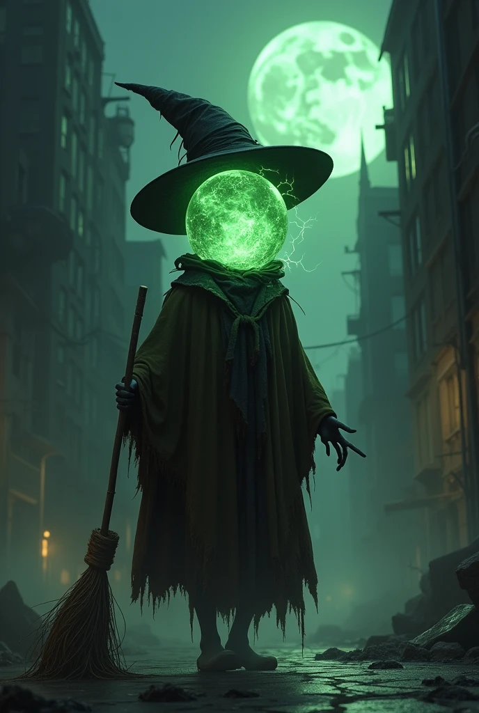 Generate a creature with a small crystal clear ball with glowing in the dark the green color as a head with scratches in it and like electricity line in the crystal ball, the creature wearing a witch black hat and a shabby torn long cloth in dark brown while holding an old and shabby broom, dark night in the eerie city with building as the background, full moon, ultra-sharp, hyper-detailed, surrealism. 