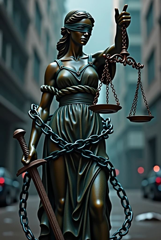 Draw a picture of a statue of justice wrapped around a chain with the right hand holding a scale that is not balanced, the other scale is broken. The statue of justice had its eyes closed and its left hand held a sword.