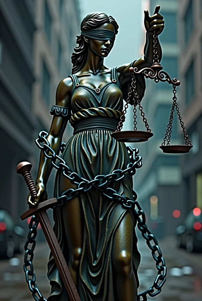 Draw a picture of a statue of justice wrapped around a chain with the right hand holding a scale that is not balanced, the other scale is broken. The statue of justice had its eyes closed and its left hand held a sword.