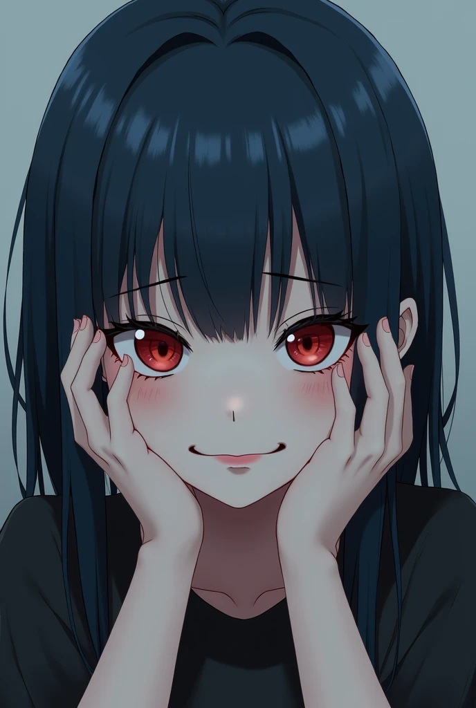 realistic anime youth girl, straight blue-black hair, slightly drooping and slightly slanted eyes, long eyelashes and bright dark red eyes, straight eyebrows a little thick, with both hands on his cheeks showing a gloomy smile with dark vibes