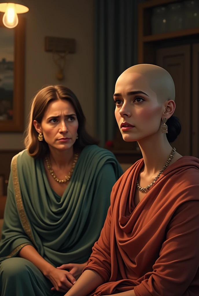 Bald head Radha talks to her family about Rahul. Her mother, however, is hesitant, expressing concerns about their social standing.