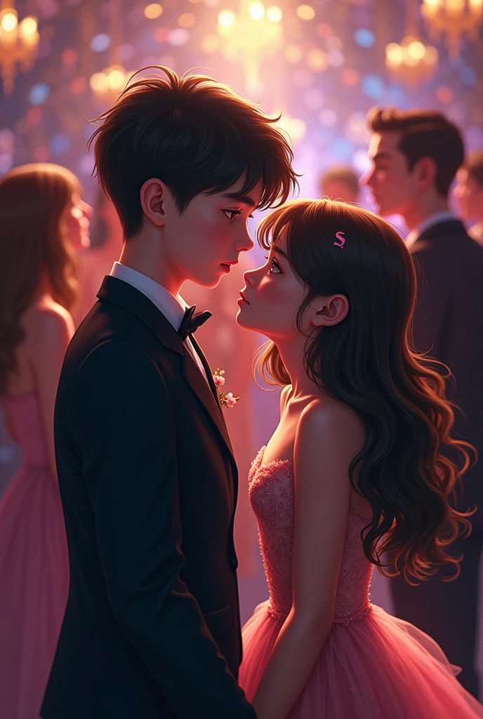 Create a image, a boys with one girl, chill seen on party, sad importations,
Beautiful girls , happy impressions,
Girls Wear a beautiful dress
Boys wear very interesting suits
Write on girl dress "S"
Write on boy dress "N"