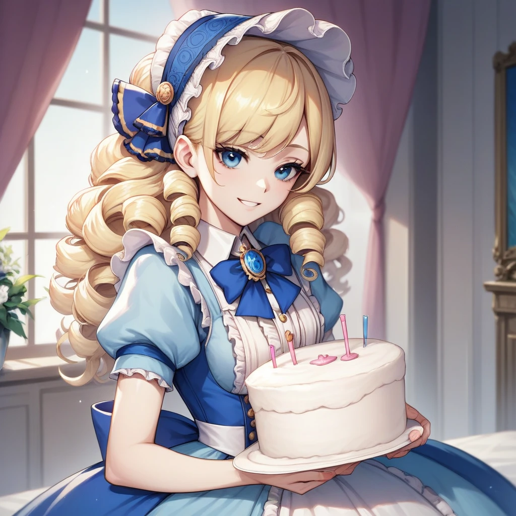 Blonde hair,(sidecurls),curls,blue eyes,long eyelashes,light blue victorian dress,puffy short sleeves,frilled dress,collared dress,frilly wide brimmed Bonnet with bows,fringe bangs,masterpiece,highress,giant tall fancy birthday cake),soft smile,ojou curls,,(white blouse)(focus on the BIRTHDAY cake)(Birthday)(solo)(cowboyshot)(Birthday cake infront of the girl)(birthday cake in the front center)(1birthday Cake)