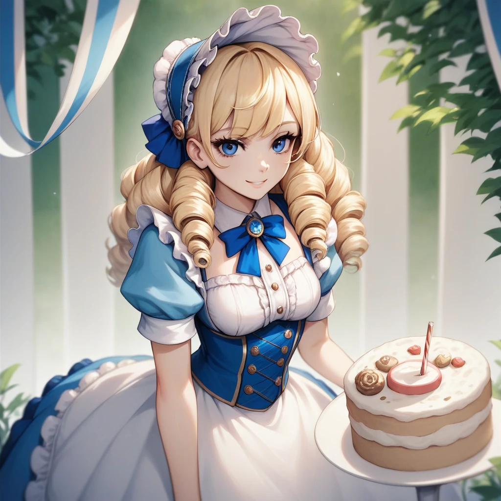 Blonde hair,(sidecurls),curls,blue eyes,long eyelashes,light blue victorian dress,puffy short sleeves,frilled dress,collared dress,frilly wide brimmed Bonnet with bows,fringe bangs,masterpiece,highress,giant tall fancy birthday cake),soft smile,ojou curls,,(white blouse)(focus on the BIRTHDAY cake)(Birthday)(solo)(cowboyshot)(Birthday cake infront of the girl)(birthday cake in the front center)(1birthday Cake)