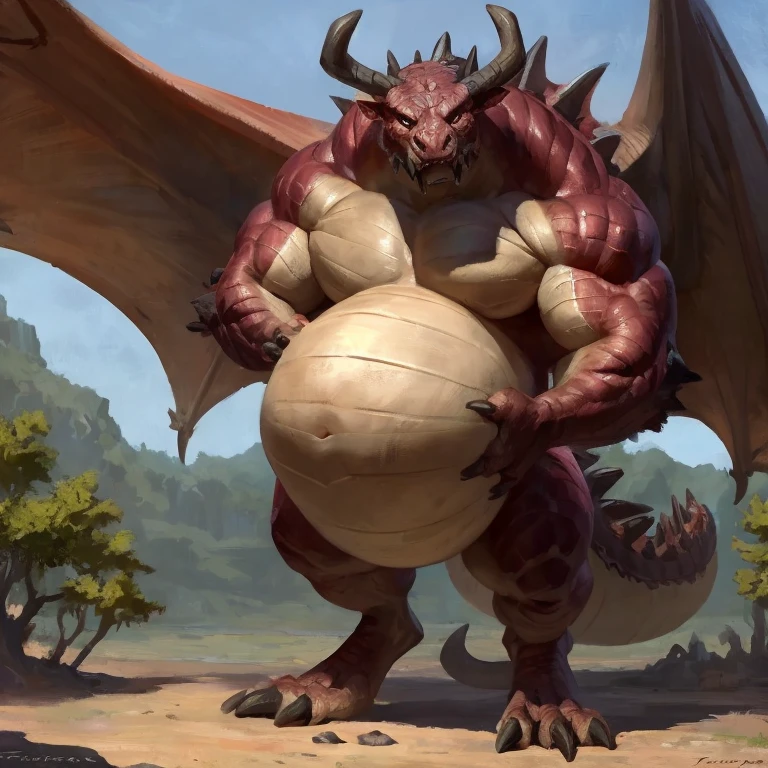 Detailed painting, by Taran Fiddler, dragoness, full body, feral, dainty, friendly, voracious, glutonous, colorful, rounded snout, wings, pregnant-like belly, round belly, dominant belly, huge belly, bloated belly, big muscles, wide body, thick body muscles, powerfull muscles, beefy muscles, thick neck, beefy neck, sharp fangs, long and sharp fangs, big feet, long feet, powerfull feet, giant feet, enormous feet, long and sharp claws, tall, enormous, giant, gigantic, gargantuan, kaiju, powerfull look, badass look