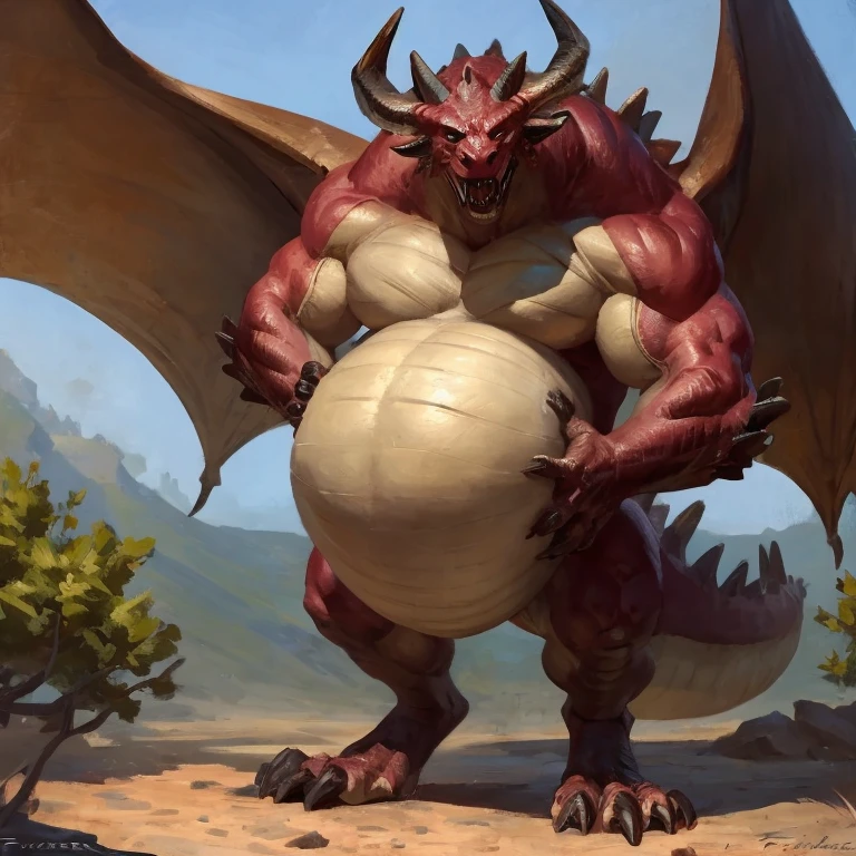 Detailed painting, by Taran Fiddler, dragoness, full body, feral, dainty, friendly, voracious, glutonous, colorful, rounded snout, wings, pregnant-like belly, round belly, dominant belly, huge belly, bloated belly, big muscles, wide body, thick body muscles, powerfull muscles, beefy muscles, thick neck, beefy neck, sharp fangs, long and sharp fangs, big feet, long feet, powerfull feet, giant feet, enormous feet, long and sharp claws, tall, enormous, giant, gigantic, gargantuan, kaiju, powerfull look, badass look