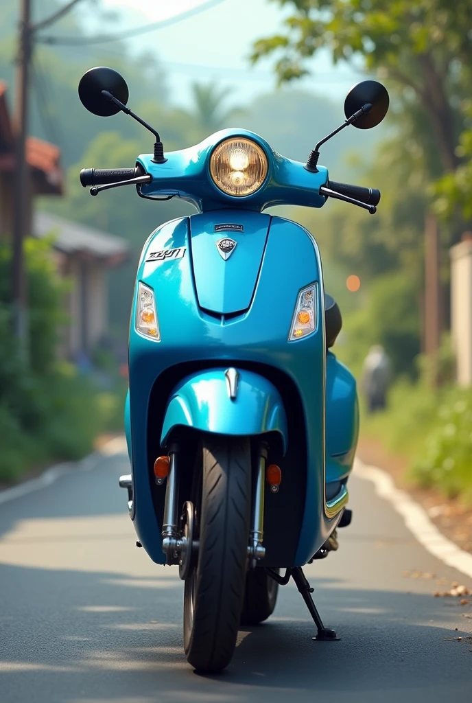 Create a alamirah riding scooty bike in local road blue color alamirah