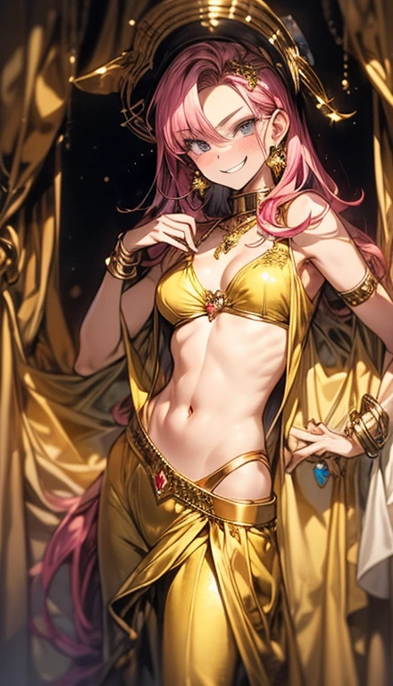 A smug narcissistic pink haired woman wearing a golden bra and golden pants and lots of jewelry flaunting herself