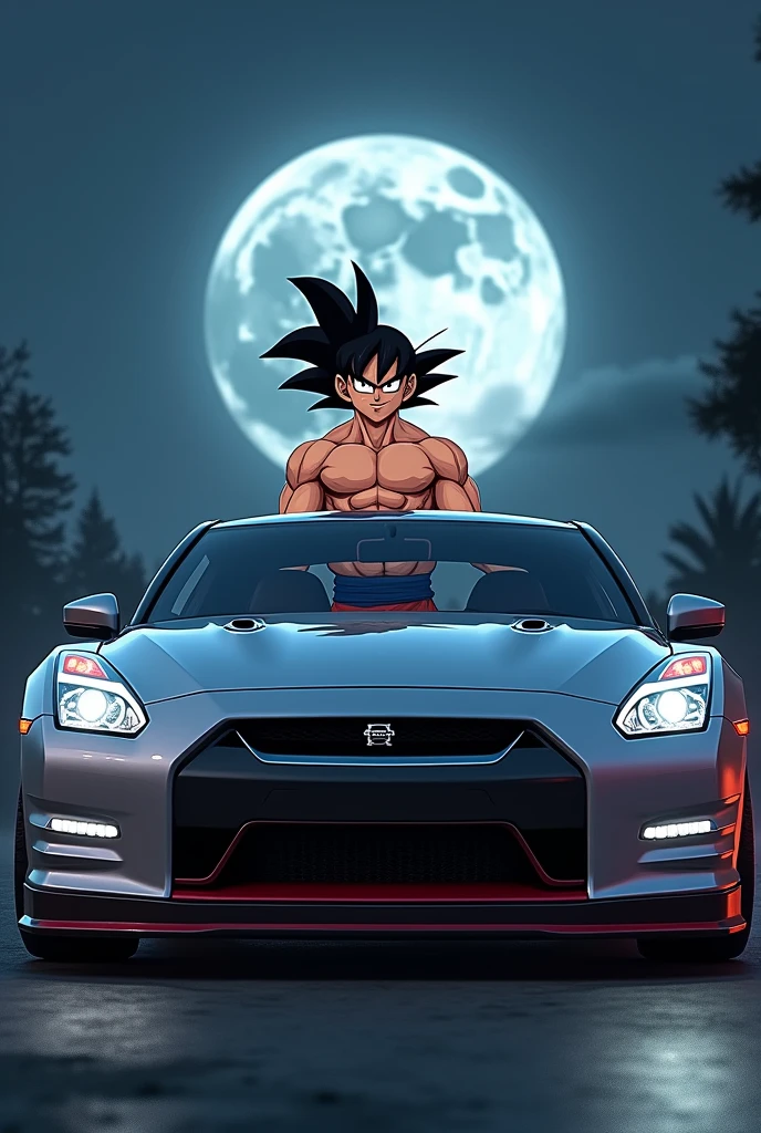 goku standing behind nissan gtr(maylic realistic sliver colour with black touch up,red alloys,in ht with moon.goku in smile fake with out shirt