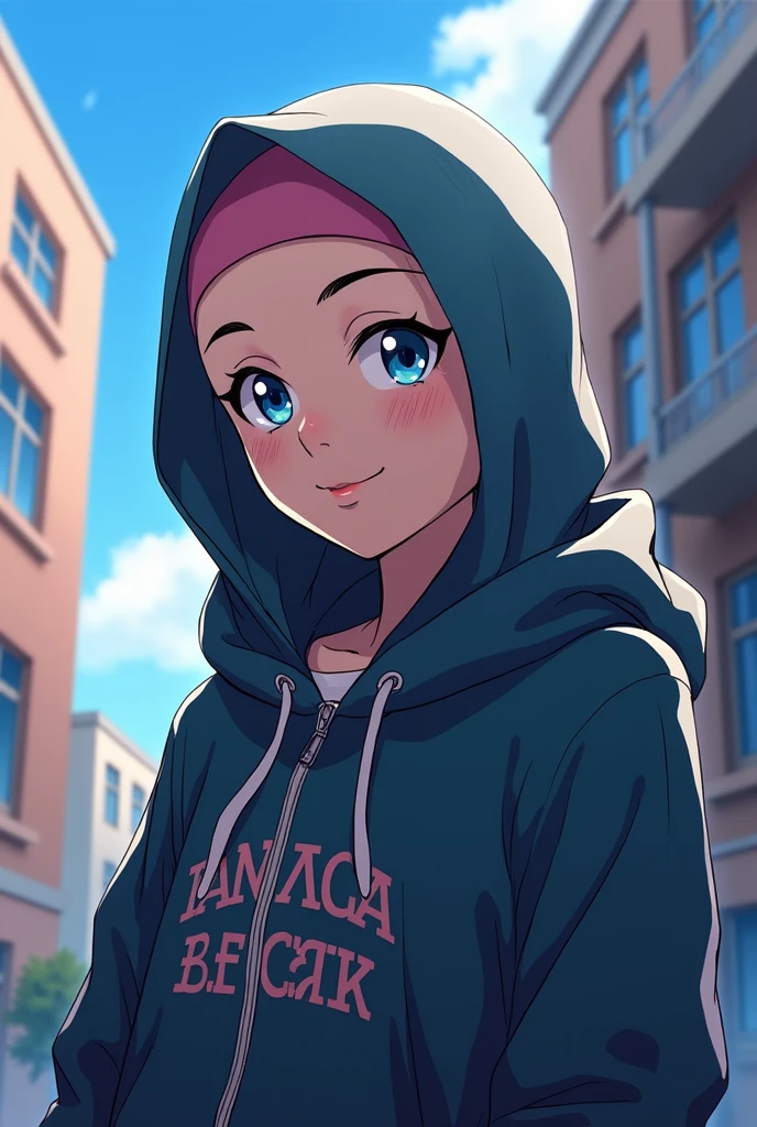 From My Hero Academia, anime, a muslim lady, wear hijab, blue eyes, wear hoodies