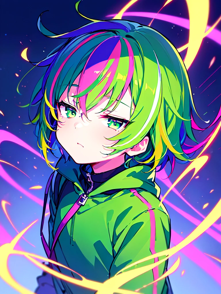 [(CITYPOP BACKGROUND:1.5),::5], ((((masterpiece)))), high quality, ultra very high resolution, full color, (((solo))), ((**********)), Purple hair, ((Green streaked hair)), (Green eyes), anime, ((upper body)), neon light, black parka, 