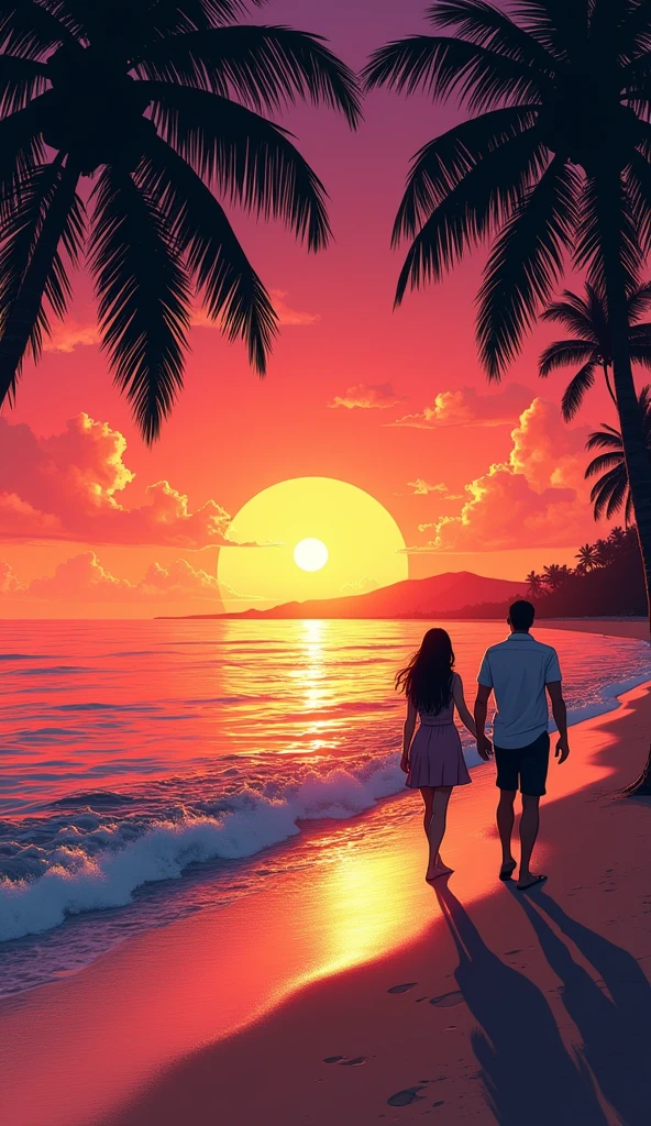 A beautiful sunset scene on a tropical beach, where a couple is walking hand in hand along the shoreline. The sun is setting in the horizon, casting a warm orange and red glow across the sky and reflecting on the calm ocean water. Silhouetted palm trees frame the scene on the left, with their shadows stretching out towards the water. The beach is peaceful, with gentle waves lapping at the shore, and the distant outline of more palm trees and small hills can be seen in the background. The atmosphere is serene and romantic.Hawaii, gta vice style , illustration , reteo comic illustration moody, melancholic, vibrant color, detailed, akira --ar 16-9 --niji 6