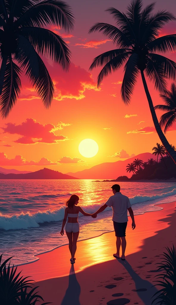 A beautiful sunset scene on a tropical beach, where a couple is walking hand in hand along the shoreline. The sun is setting in the horizon, casting a warm orange and red glow across the sky and reflecting on the calm ocean water. Silhouetted palm trees frame the scene on the left, with their shadows stretching out towards the water. The beach is peaceful, with gentle waves lapping at the shore, and the distant outline of more palm trees and small hills can be seen in the background. The atmosphere is serene and romantic.Hawaii, gta vice style , illustration , reteo comic illustration moody, melancholic, vibrant color, detailed, akira --ar 16-9 --niji 6

