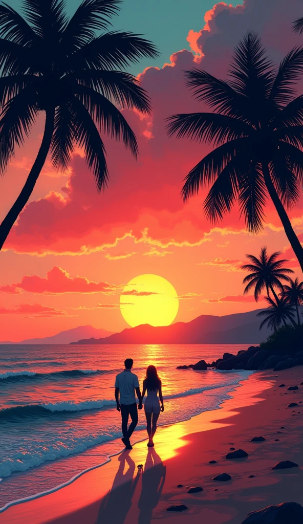A beautiful sunset scene on a tropical beach, where a couple is walking hand in hand along the shoreline. The sun is setting in the horizon, casting a warm orange and red glow across the sky and reflecting on the calm ocean water. Silhouetted palm trees frame the scene on the left, with their shadows stretching out towards the water. The beach is peaceful, with gentle waves lapping at the shore, and the distant outline of more palm trees and small hills can be seen in the background. The atmosphere is serene and romantic.Hawaii, gta vice style , illustration , reteo comic illustration moody, melancholic, vibrant color, detailed, akira --ar 16-9 --niji 6