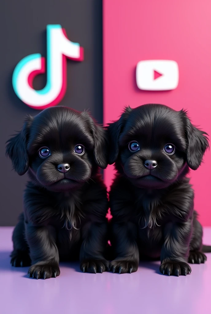 2 aforable black shih tzu puppies posing next to the tiktok and youtube logo