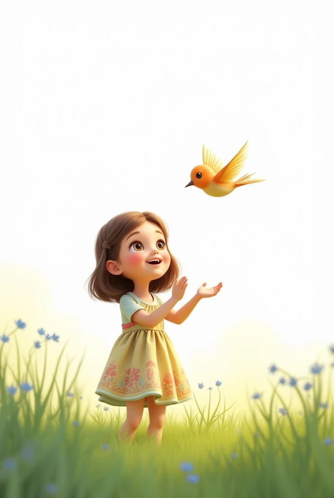 white background,best quality,cute liitle girl standing on grass,she look at the little bird,rais her hands to the little bird,cute little bird flying,cute colorful frock wearing the girl,smiling face
