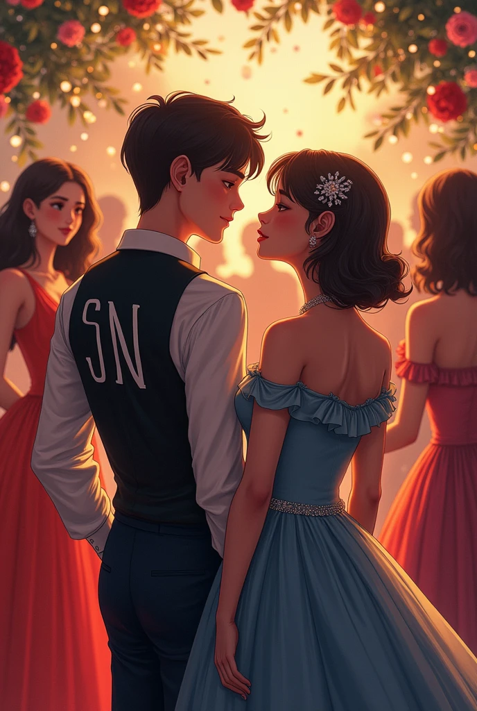Create a image, a boys with one girl, chill seen on party, sad importations,
Beautiful girls , happy impressions,
Girls Wear a beautiful dress
Boys wear very interesting suits
Between girl and boy
Text size big
Write on girl dress "S"
Write on boy dress "N"