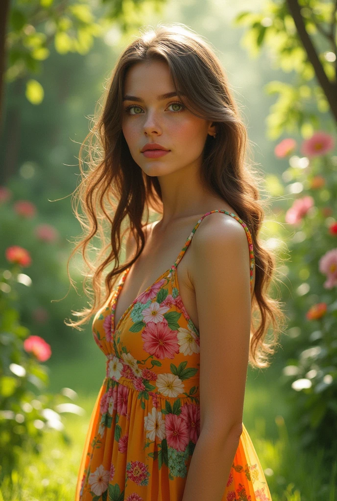 1girl, teen, beautiful detailed eyes, beautiful detailed lips, extremely detailed eyes and face, long eyelashes, elegant young woman, delicate facial features, serene expression, flowing hair, colorful floral dress, standing in a lush garden, sunlight streaming through trees, vibrant green foliage, (best quality, 4k, 8k, highres, masterpiece:1.2), ultra-detailed, (realistic, photorealistic, photo-realistic:1.37), oil painting, soft lighting, warm color palette, impressionist style