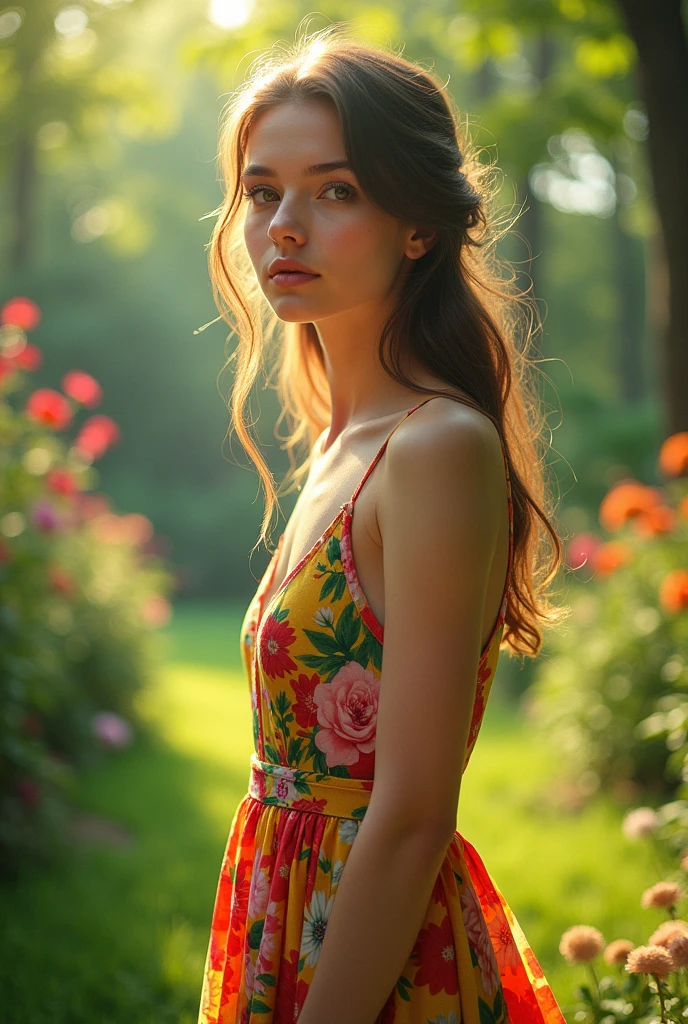 1girl, teen, beautiful detailed eyes, beautiful detailed lips, extremely detailed eyes and face, long eyelashes, elegant young woman, delicate facial features, serene expression, flowing hair, colorful floral dress, standing in a lush garden, sunlight streaming through trees, vibrant green foliage, (best quality, 4k, 8k, highres, masterpiece:1.2), ultra-detailed, (realistic, photorealistic, photo-realistic:1.37), oil painting, soft lighting, warm color palette, impressionist style