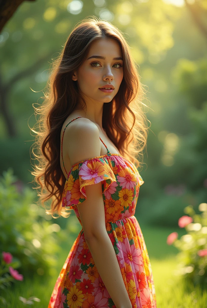 1girl, , beautiful detailed eyes, beautiful detailed lips, extremely detailed eyes and face, long eyelashes, elegant young woman, delicate facial features, serene expression, flowing hair, colorful floral dress, standing in a lush garden, sunlight streaming through trees, vibrant green foliage, (best quality, 4k, 8k, highres, masterpiece:1.2), ultra-detailed, (realistic, photorealistic, photo-realistic:1.37), oil painting, soft lighting, warm color palette, impressionist style