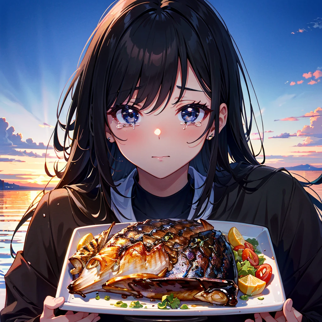 Amazing beauty, girl, masterpiece, top quality, details, 8K, high resolution, long black hair, black eyes, crying, large serving of rice, grilled salted saury,