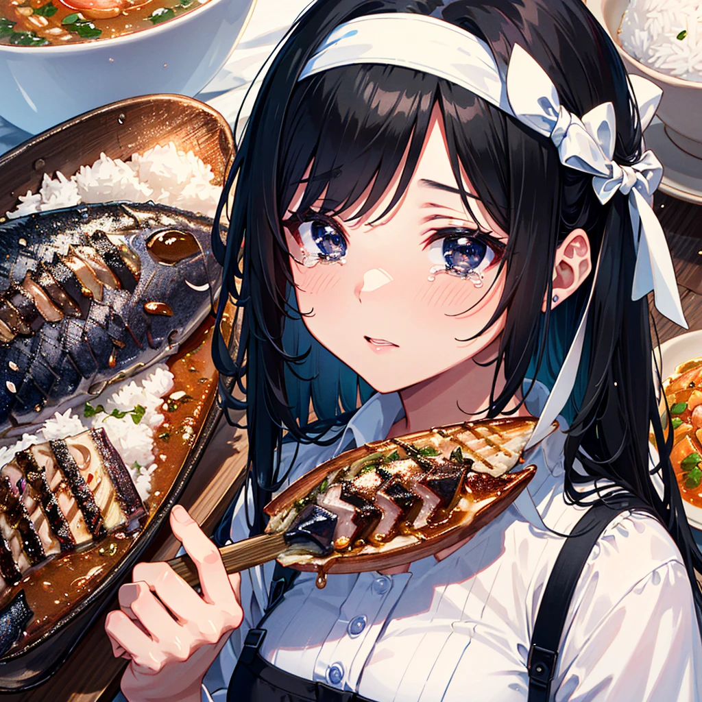 Amazing beauty, girl, masterpiece, top quality, details, 8K, high resolution, long black hair, black eyes, crying, large serving of rice, grilled salted saury,