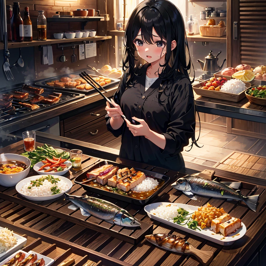 Amazing beauty, girl, masterpiece, top quality, details, 8K, high resolution, long black hair, black eyes, crying, large serving of rice, grilled salted saury,