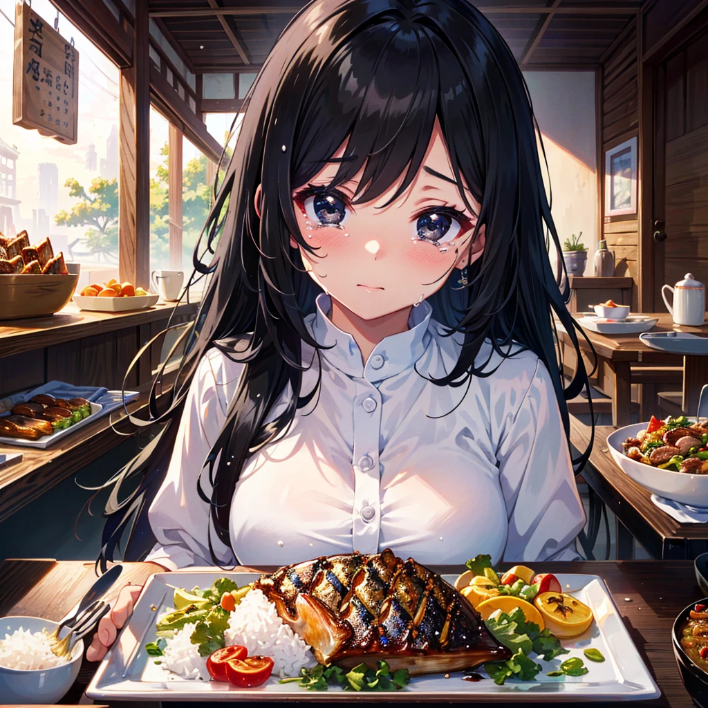 Amazing beauty, girl, masterpiece, top quality, details, 8K, high resolution, long black hair, black eyes, crying, large serving of rice, grilled salted saury,