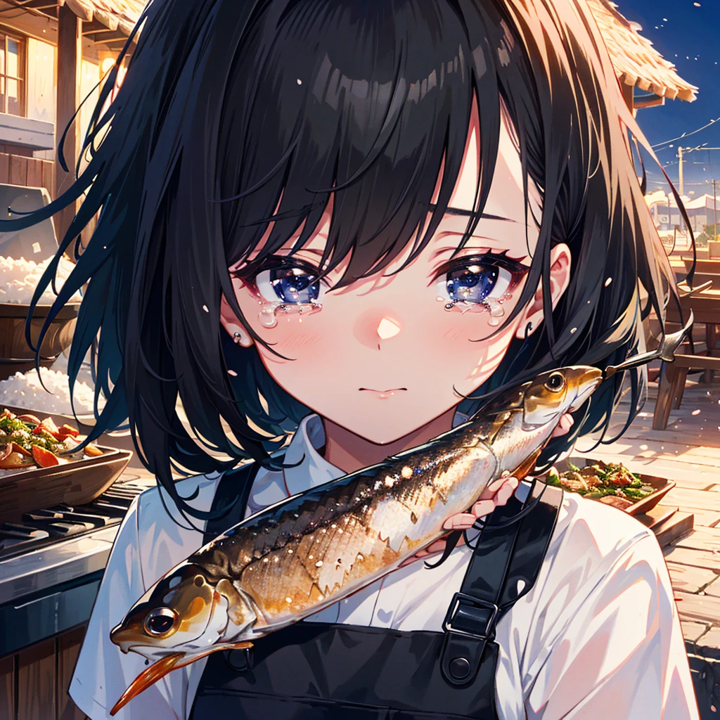 Amazing beauty, girl, masterpiece, top quality, details, 8K, high resolution, long black hair, black eyes, crying, large serving of rice, grilled salted saury,