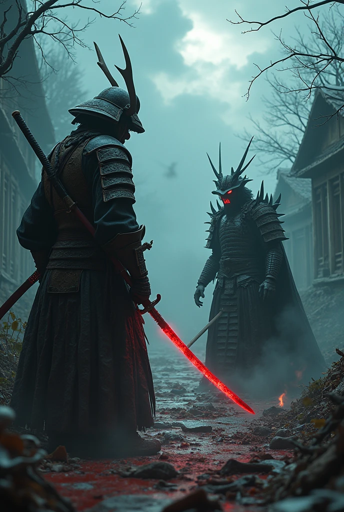 Create a dark and terrifying scene of an ancient samurai in a deadly duel with a sinister shogun, rendered with a full cinematic effect in 4K 2039p resolution. The samurai, dressed in tattered, blood-stained armor, wields a katana that gleams with an eerie, otherworldly light. The shogun, a menacing figure with an aura of malevolence, stands in spiked, demonic armor, his eyes glowing with an evil intent. The battle takes place in a cursed, decaying courtyard, surrounded by twisted, dead trees and under a sky filled with swirling, stormy clouds. Incorporate haunting FX elements like ghostly apparitions rising from the shadows, crackling dark energy, and wind howling through the barren landscape. The scene should have a dramatic, cinematic quality with deep contrasts, rich textures, and motion blur that captures the intensity of the battle, making every frame feel like a moment of pure horror and suspense
