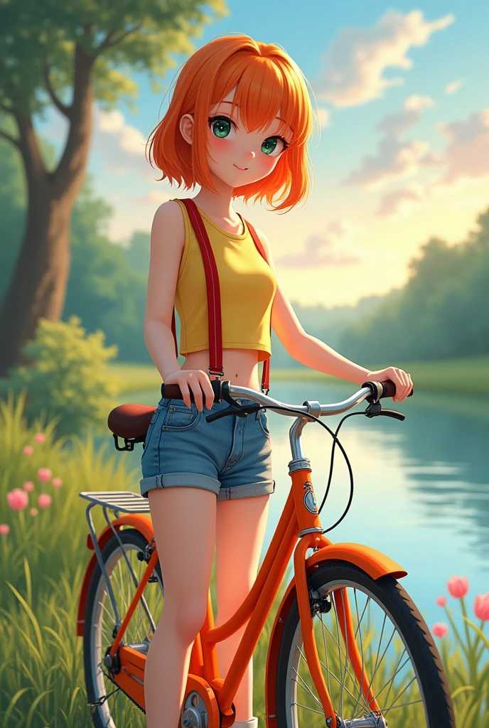 masterpiece,High resolution,8K
(Misty_Pokemon)(1 18-year-old girl)
(Berry Short,Orange Hair,one side up hair,Big green eyes,Small breasts,Skinny, beautiful smile)
(Yellow sleeveless T-shirt,Belly button exposed,Denim hot pants,Red suspenders,sneakers)
I can feel the spirit in my eyes.(masterpiece, Highest quality:1.2), reality、girl on an orange bicycle, alone、Summer 、Standing in line,,From the side、Riverbank at dusk、whirlwind, Watercolor style
