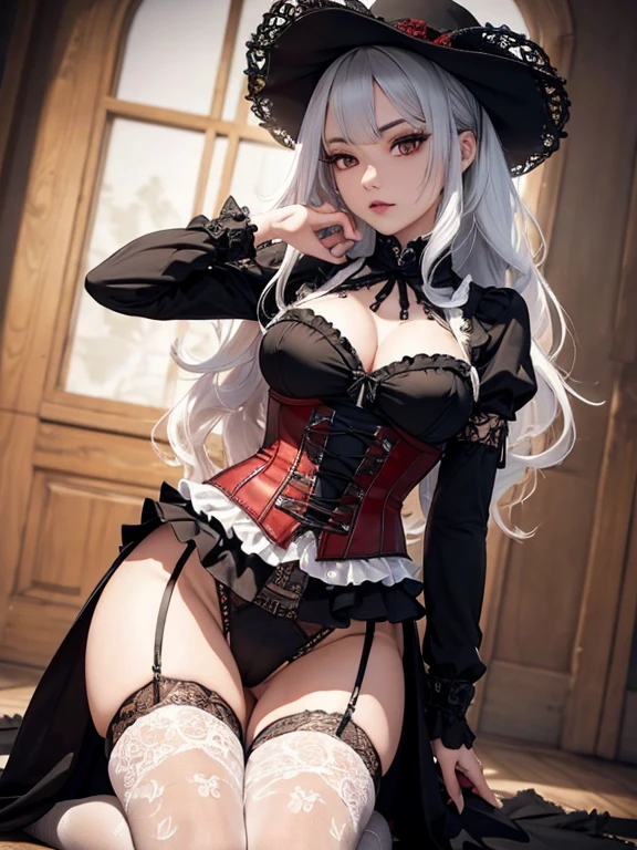  A 23-year-old gothic punk goth girl, perfect face, beautiful Asian woman with long White hair in curls and coils, very cute and           beautiful girl, (highly detailed beautiful face), high detailed fingers,
]cowboy shot, looking at viewer, kneeling, white panties (Blood Red corset with detailed frills), detailed face, 
(best quality,masterpiece:1.0) high res, ultra-detailed, extremely detailed,32k,8k resolution,
intricate details, cinematic scene, detailed background, solo, dynamic angle,