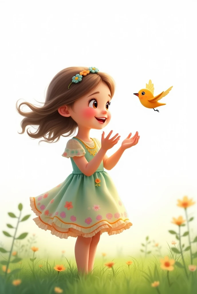 white background,best quality,cute liitle girl standing on grass,she look at the little bird,rais her hands to the little bird,cute little bird flying,cute colorful frock wearing the girl,smiling face