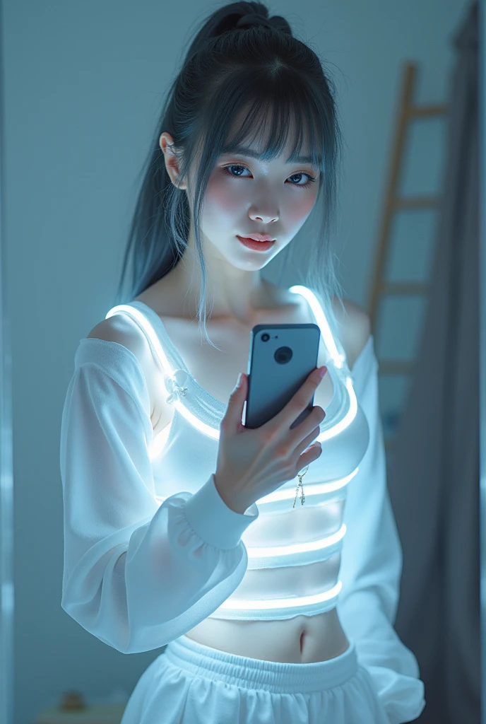 highly detailed, beautiful, hyper Realistic girl, masterpiece, best quality, Depict a mysterious and sophisticated beautiful Japanese gravure model,, 28-years-old, identity hidden, all body shot, / gray arranged hair, small head, Detailed face, Duck mouth, perfect beautiful Tooth, arranged gray hair, shiny eyes, Detailed blue-colored eyes, Realistic skin, Detailed face, /// Her outfit includes sexy and casual see-through white sports フード付きスウェット with multiple elastic white led harnesses designed underneath, and led hem, adding a minimalist beauty. She accessorizes with futuristic accessories and wears technical sneakers. Her demeanor exudes harmony and striking simplicity., //// Monotone simple modern taste single room, mirror, complicated background /// takes a selfie in her room using a smartphone in front of a mirror with one hand, all body shot, standing and emotional Posing, looking away from the camera,