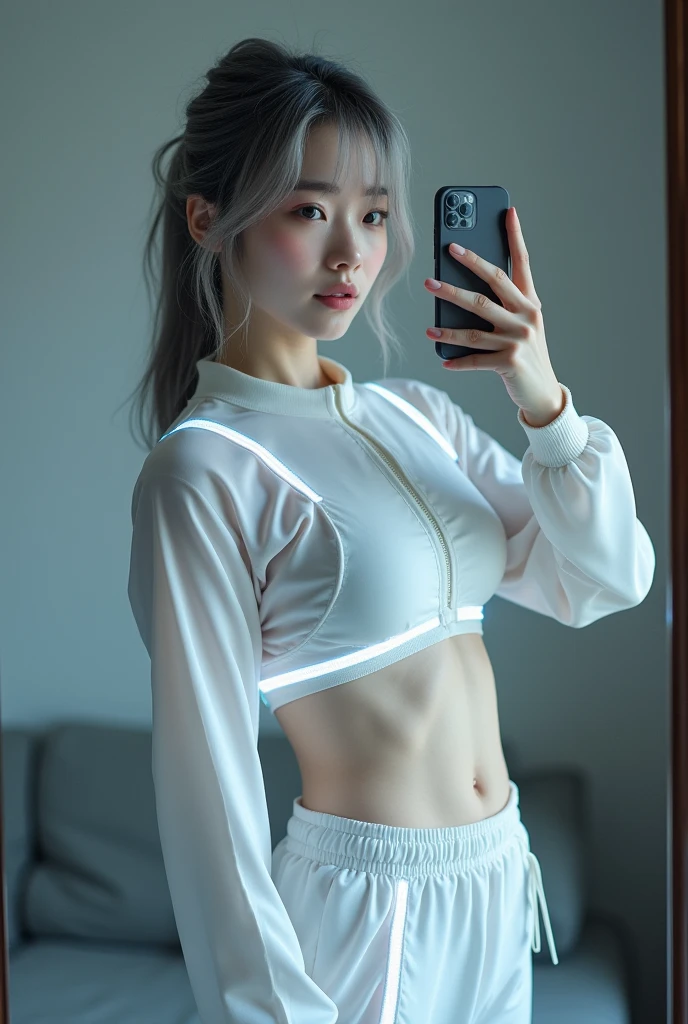 highly detailed, beautiful, hyper Realistic girl, masterpiece, best quality, Depict a mysterious and sophisticated beautiful Japanese gravure model,, 28-years-old, identity hidden, all body shot, / gray arranged hair, small head, Detailed face, Duck mouth, perfect beautiful Tooth, arranged gray hair, shiny eyes, Detailed blue-colored eyes, Realistic skin, Detailed face, /// Her outfit includes sexy and casual see-through white sports wear with multiple elastic white led harnesses designed underneath, and led hem, adding a minimalist beauty. She accessorizes with futuristic accessories and wears technical sneakers. Her demeanor exudes harmony and striking simplicity., //// Monotone simple modern taste single room, mirror, complicated background /// takes a selfie in her room using a smartphone in front of a mirror with one hand, all body shot, standing and emotional Posing, looking away from the camera,