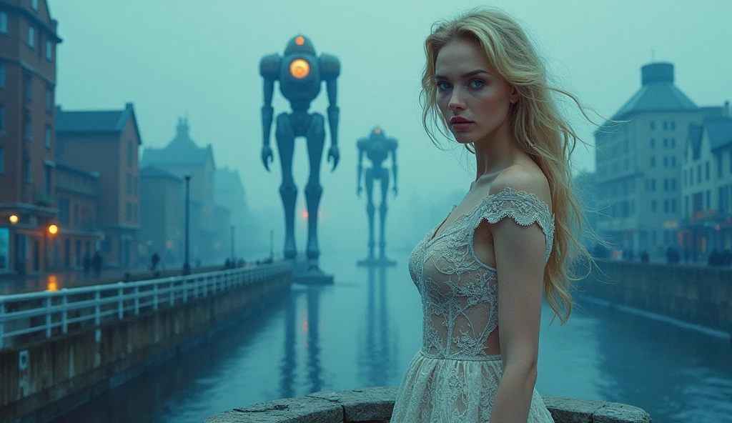 (masterpiece, analogue photo.1950 style), best quality,by Antonio J. Manzanedo, by Jeremy Lipking, lightning, in a surreal ruined city landscape, painting style with watercolor, Brushstrokes, colorful,vibrant blue hues colors,1 ultra hot gorgeous European woman. Blonde hair. Large breast. Epic Cleavage (100 DD size). Voluptuous hourglass body. Gorgeous face.full lips. full-body shot of beautifull cortana, (intricate, sheer lace, transparent, translucent, skintight cloth), intricate, beautifull face, her skin should be pale and flawless, With a touch of transcendental beauty, she Should express Calm Confidence, (she is standing on the bridge of an old dystopian town, (Just a hint of fog covering the destroyed town)), shyness, side lighting, (finely detailed blue eyes: 1.2) (((night time. Foggy atmosphere))) in the background 1930 clunky and rusty war robots.