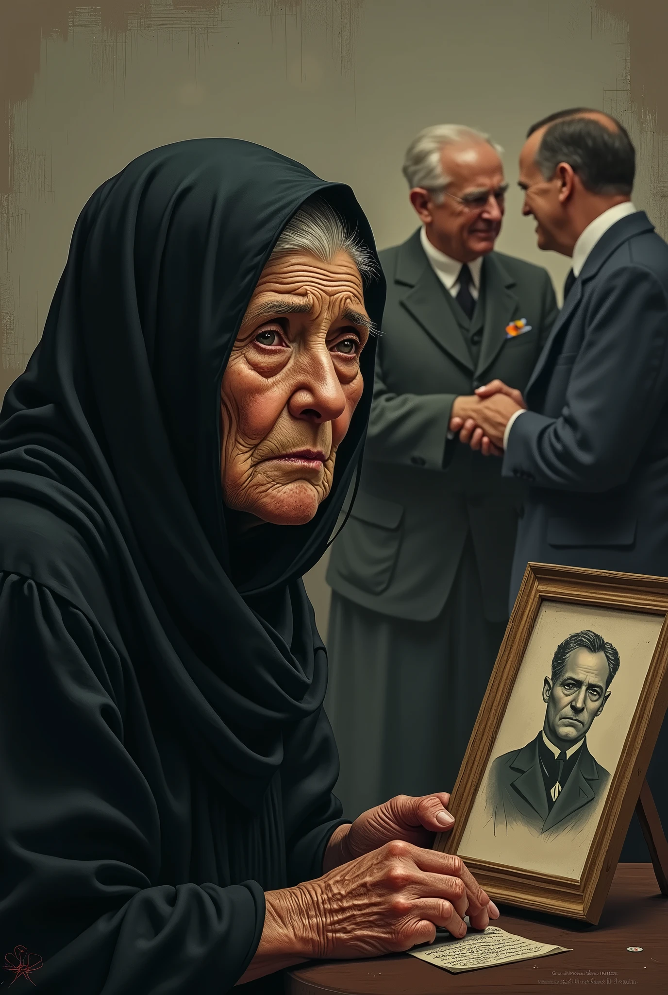 An illustration Of a old Women (hairs covered in black scarf) sadly with tears in her eyes looking at her sons picture who is dead in war while in fade shade in her background german and french politicians from ww1 are laughing shaking hands.