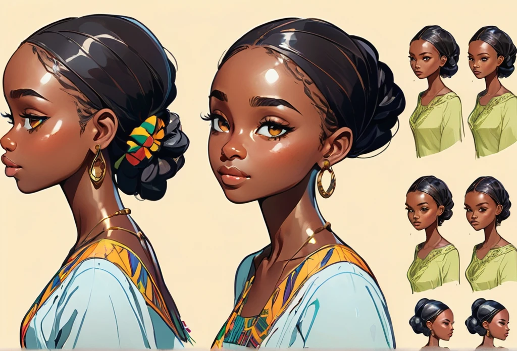 A girl (character design sheet) face study, front view, side view and back view
African (masterpiece best quality:1.2) delicate illustration ultra-detailed, illustrations, bright, colourful,