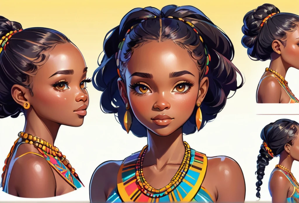 A girl (character design sheet) face study, front view, side view and back view
African (masterpiece best quality:1.2) delicate illustration ultra-detailed, illustrations, bright, colourful,