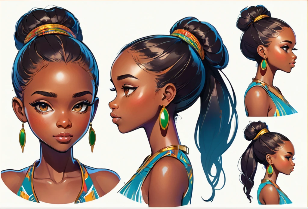 A girl (character design sheet) face study, front view, side view and back view
African (masterpiece best quality:1.2) delicate illustration ultra-detailed, illustrations, bright, colourful,