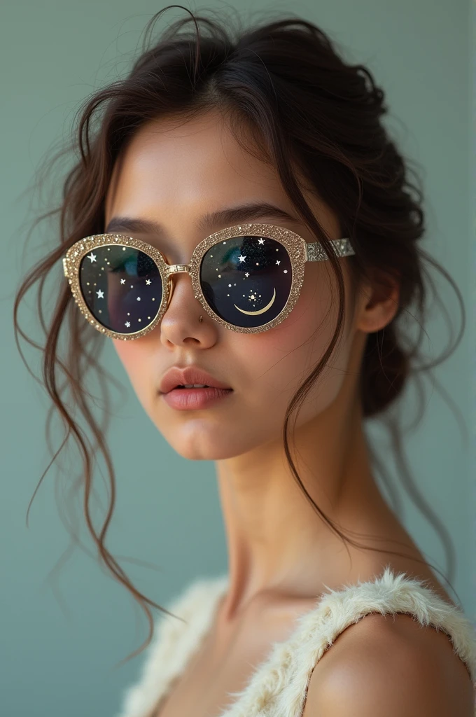The model is wearing glass sunglasses with stars and the moon on the glass