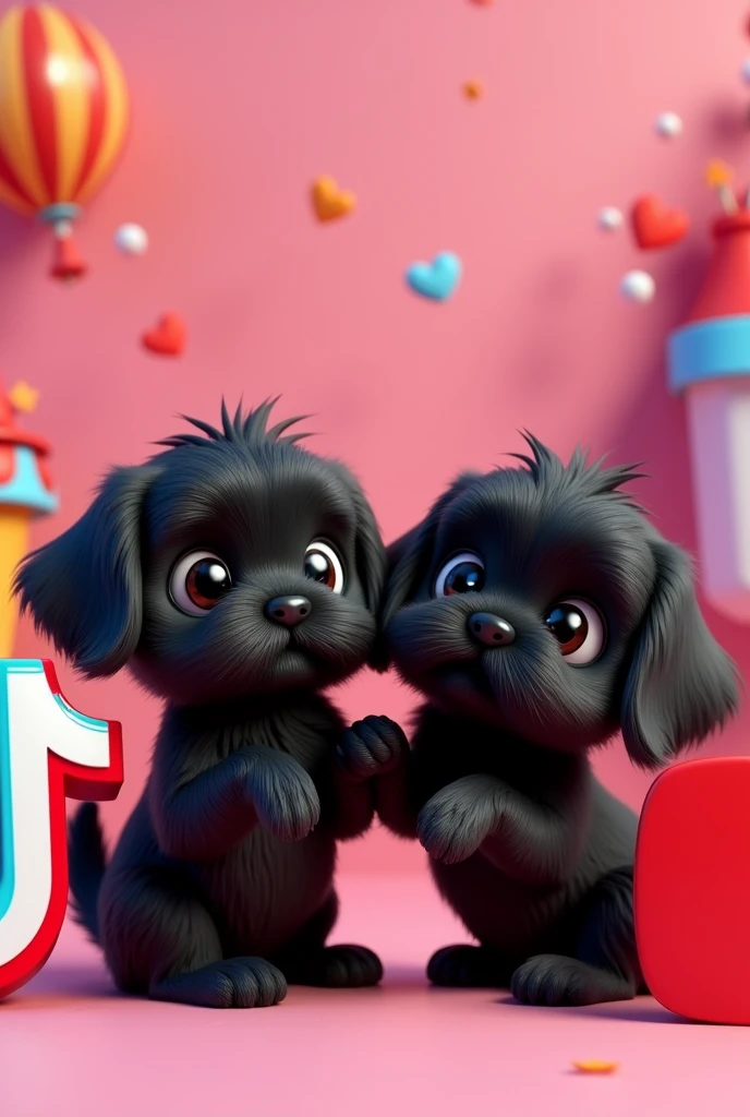 2 aforable black shih tzu puppies posing next to the tiktok and youtube logo 3D Pixar style