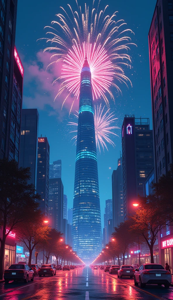 A realistic digital art-style illustration, in the city street, fireworks in illustration of cozy futuristic city with many skyscrapers tower. The illustration is symmetrical. there is sperical building in the city. Neon color mood, moody, melancholic, vibrant color, detailed, akira --ar 16-9 --niji 6 .Hawaii, gta vice style , illustration , reteo comic illustration