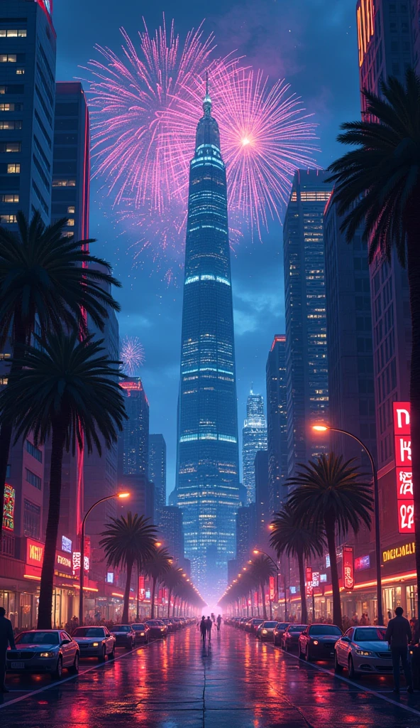 A realistic digital art-style illustration, in the city street, fireworks in illustration of cozy futuristic city with many skyscrapers tower. The illustration is symmetrical. there is sperical building in the city. Neon color mood, moody, melancholic, vibrant color, detailed, akira --ar 16-9 --niji 6 .Hawaii, gta vice style , illustration , reteo comic illustration