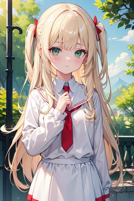 s○l○, 1 girl, highest quality, very detailed, (masterpiece), (illustration), school, outdoor, upper body, face, face focus, from front, , long sleeves, blonde hair, long hair, green eyes, two side up, eyebrows visible through hair, shine, bangs, shine, flat chest,white gym uniform,red bloomers,tear