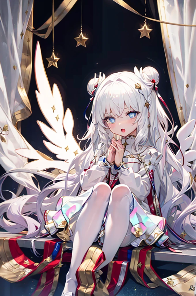 (8k, masterpiece, top-quality), best quality, high resolution, HD, super cute girl, delicate and beautiful face, mature girl, super cute hairstyle, (beautiful detailed eyes), extremely detailed face, perfect lighting, extremely detailed CG, (perfect hands, perfect anatomy), super complex details, intricate details, Best quality, holding with two hands, open mouth, singing, le malin, star-shaped pupils, double bun, blue eyes, very long hair, hair bun, bow, white hair, sidelocks, blue hair ribbon, ribbon, white _dress, angel_wings, white_legwear, long sleeves, white dress, pleated dress, thighband pantyhose,