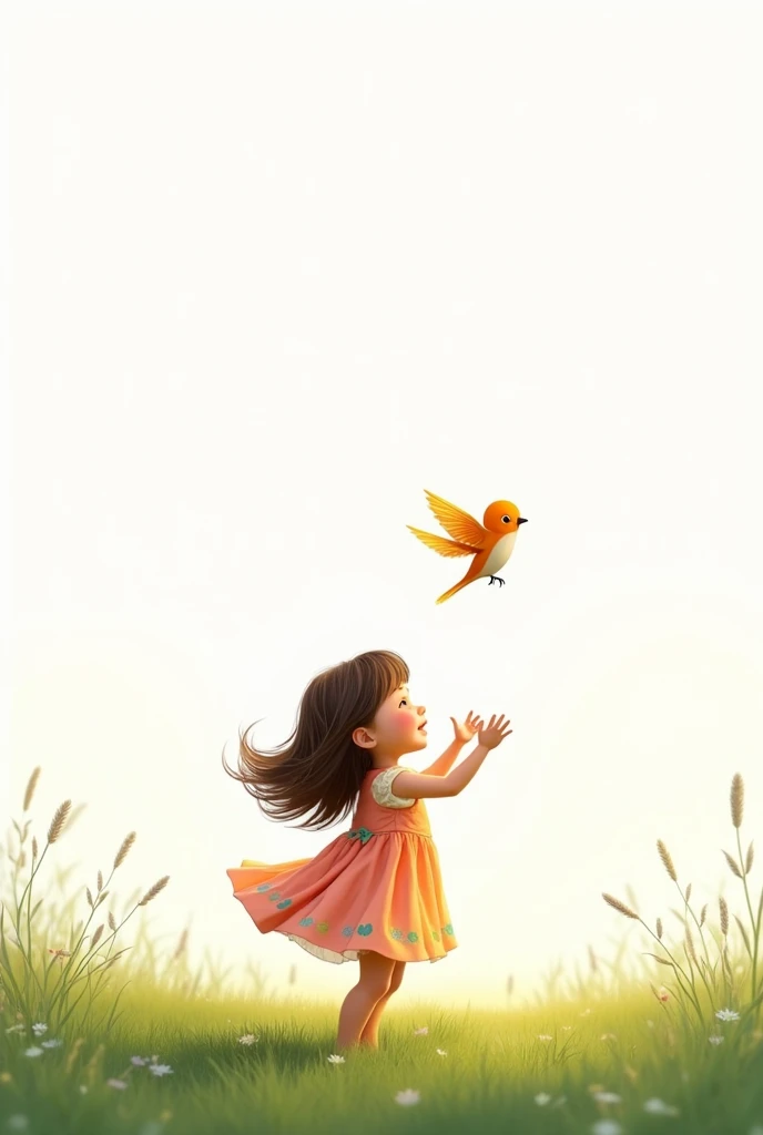 white background,best quality,cute liitle girl standing on grass,she look at the little bird,rais her hands to the little bird,cute little bird flying,cute colorful frock wearing the girl,smiling face