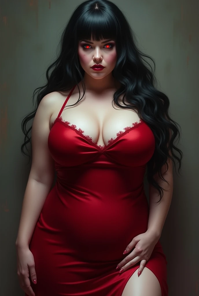 A chubby and sexy and beautifull vampire woman. She is pale, has black long hair with a fringe, red glowing eyes, vampire teeth and a curvy body. She wears a tight royal red sleeveless dress with a big cleavage and that also shows her thighs. She is kinda chubby